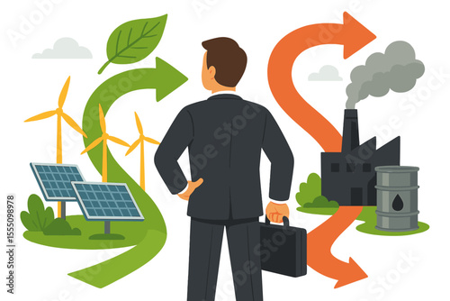 Green economy concept. Businessman choosing sustainable development with renewable energy over polluting fossil fuel industry. Vector illustration of environmental choice, ESG, and CSR.