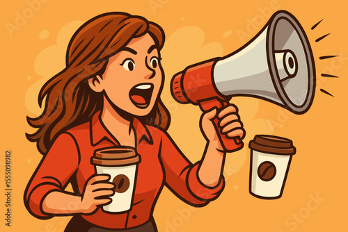 Woman Announcing with Megaphone and Coffee Cup. Female Character Promoting Beverage Product. Public Marketing, Audio Advertisement, Communication, Brand Promotion Concept. Vector Cartoon Illustration