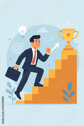 Businessman climbing stairs to a success trophy. Career growth concept. Ambitious man on steps to goal. Personal development, motivation, and achievement vector cartoon illustration.