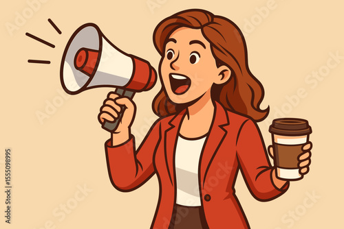 Confident businesswoman holding megaphone and coffee cup, announcing product promotion, marketing campaign, audio advertisement, energetic female leader, vector cartoon illustration