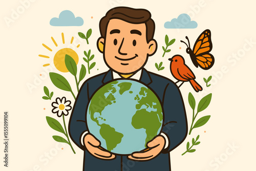 Businessman holding the globe. Environmental care, biodiversity conservation concept. Man protecting the planet. Green business, ecology, sustainability, CSR vector illustration.