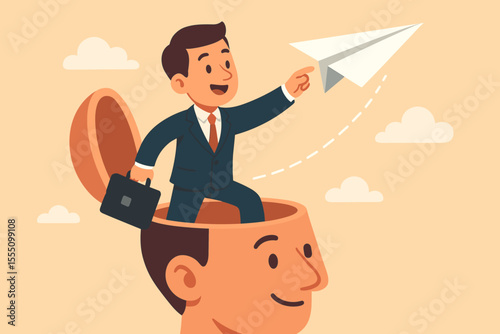 Businessman launching a paper plane from an open head. Metaphor for creative ideas, startup launch, entrepreneurship, innovation, and business vision. Think outside the box concept.