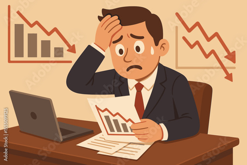 Stressed businessman analyzing falling financial charts, economic crisis, business failure, leadership challenges, loss, market downturn, recession, negative growth, cartoon vector illustration