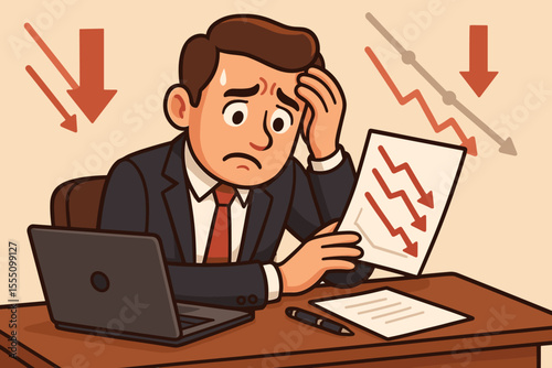 Stressed businessman analyzing falling financial charts at desk, economic crisis, business failure, leadership stress, market decline, loss, recession, cartoon vector illustration, office workplace