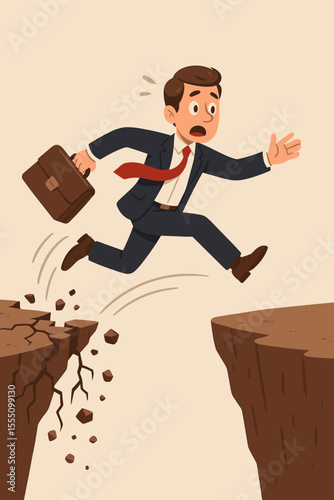 Businessman leaping over an abyss from an unstable crumbling cliff. Metaphor for escaping financial crisis, instability, and risk. Concept of challenge, opportunity, career change, and a solution.