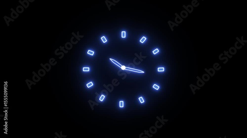 Neon blue color analog clock. Clock - complete 12-hour cycle animation