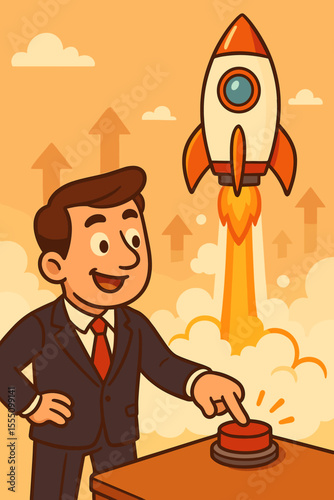 Businessman launching a startup, pressing a red button to launch a rocket. Business growth, success, and boost concept. New project start, product strategy. Vector cartoon.