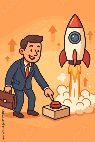 Businessman launching a startup rocket by pressing a red button. Business growth, success, and development concept. Product strategy and vision for a new project. Vector cartoon.