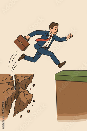 Businessman jumping over chasm from crumbling cliff to stable ground. Metaphor for overcoming business crisis, risk management, finding solutions and financial stability. Vector.