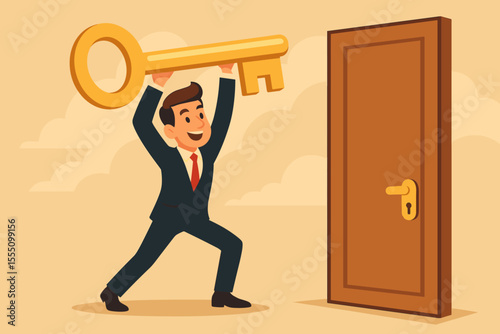 Businessman holding a giant golden key to unlock a door. Concept of opportunity, career growth, ambition, and success. Finding the solution to a problem. Business metaphor.