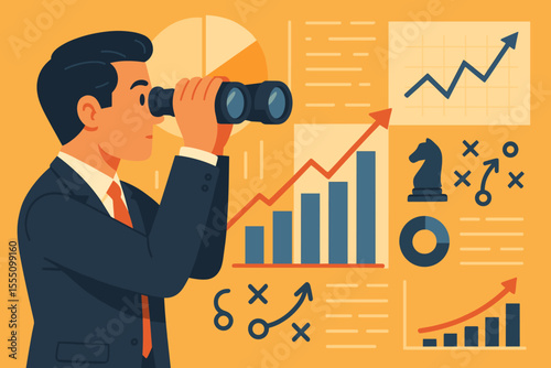 Business vision concept. Man with binoculars analyzing financial charts and graphs. Strategic planning, market forecast, competition analysis, and investment growth metaphor vector.