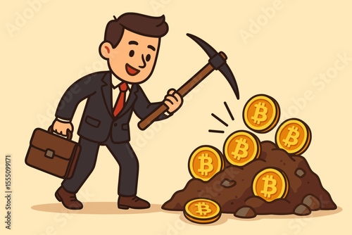 Businessman mining for bitcoin with a pickaxe. Concept of cryptocurrency earning, digital currency investment, and financial technology. Metaphor for crypto wealth. Vector illustration.