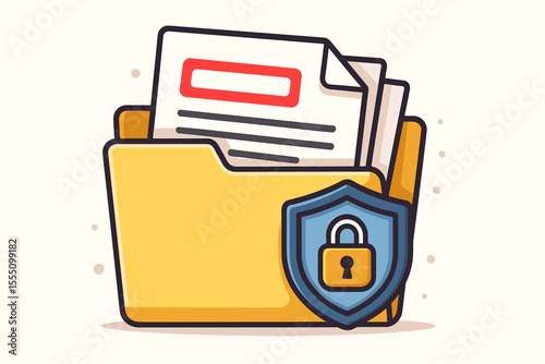 Secure document folder with confidential papers, data protection shield, privacy lock icon. Cartoon vector illustration. Information security, file safety, private records, digital privacy concept