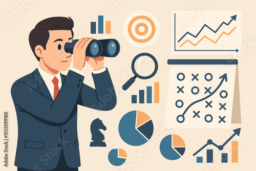 Businessman looking through binoculars at charts and graphs for strategic planning. Concept of business vision, market research, data analysis, competition analysis and forecasting.
