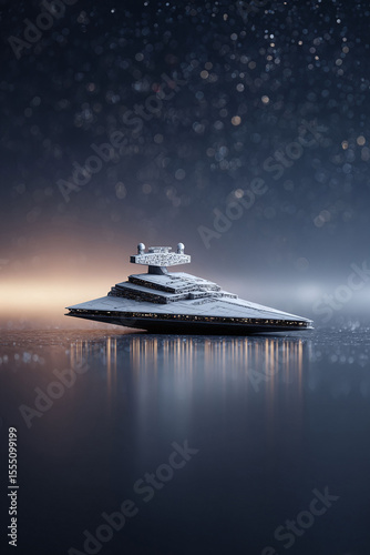 Majestic futuristic starship on a reflective surface, evoking a sense of wonder and technological advancement. Ideal for scifi, tech, gaming or creative projects.