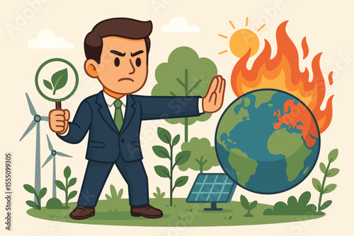 Businessman stopping global warming, protecting Earth from climate change. Concept of environmental conservation, sustainability, ESG, and green energy. Corporate responsibility vector.