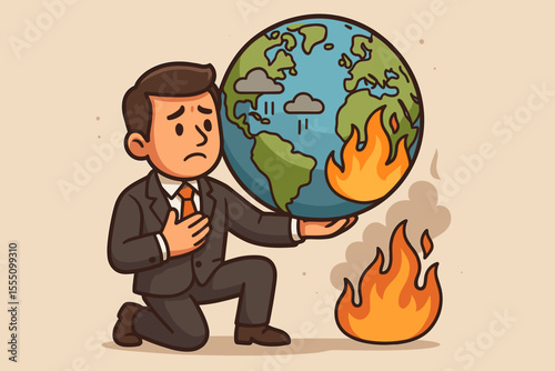 Climate change crisis concept. Guilty businessman kneels holding a burning planet Earth. Global warming, ecological disaster, corporate responsibility. Sad man regrets damage. Vector.