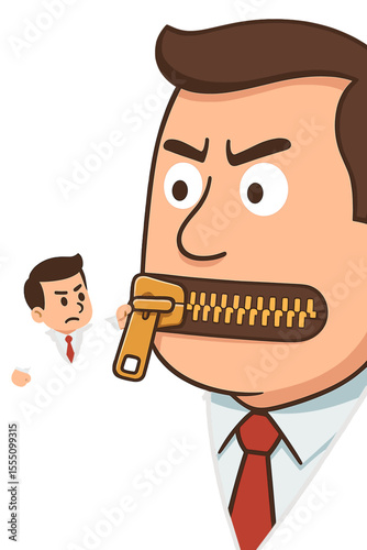 Businessman silencing a giant by zipping his mouth shut. Concept for censorship, secrets, and control. Keep quiet metaphor. Power dynamics, authority, and non-disclosure agreement.