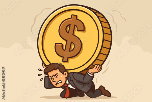 Stressed businessman crushed by giant dollar coin. Financial burden, economic crisis, debt pressure, money stress, corporate struggle, bankruptcy risk, cartoon vector illustration, finance concept
