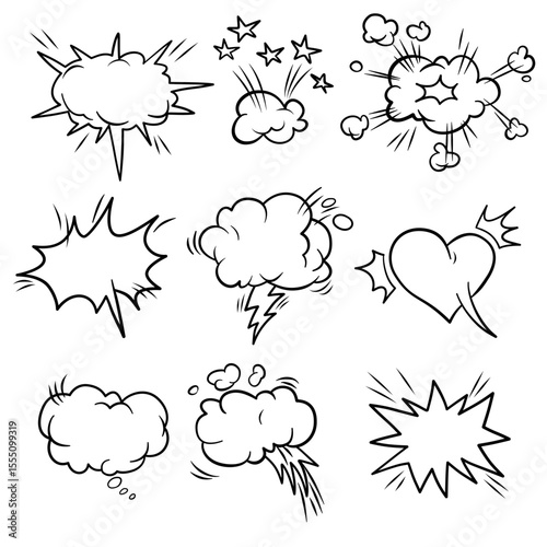 Hand Drawn Comic Style Speech and Thought Bubbles with Explosion and Emotion Elements in Black and White Vector Illustration