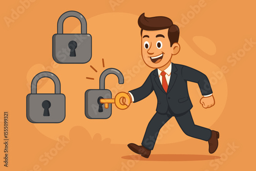 Businessman unlocking a padlock with a golden key, a metaphor for solving problems and achieving success. Business concept for finding a solution, strategy, opportunity, and access.