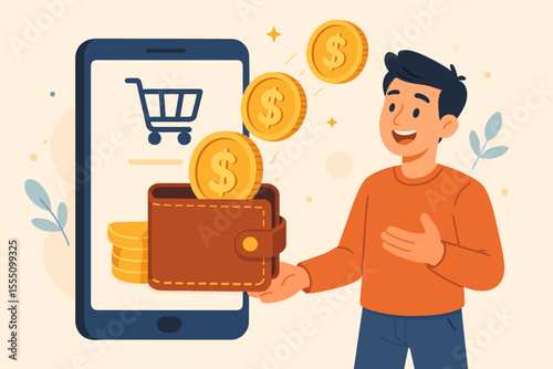 Cashback reward program vector concept. Happy man earning money from online shopping on smartphone. E-commerce promotion and customer loyalty bonus. Digital wallet with gold coins.