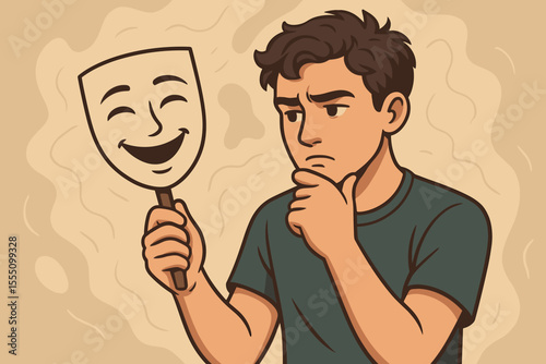 Young man holding smiling mask, concept of hiding emotions, self-perception, mental health, identity crisis, dual personality, cartoon vector illustration, psychological metaphor