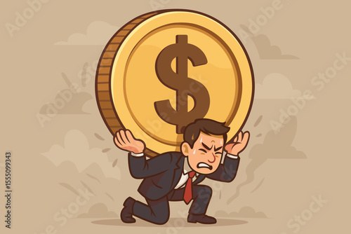 Stressed businessman kneeling under giant dollar coin, financial pressure, economic crisis, debt burden, money stress, corporate struggle, cartoon vector illustration, finance concept