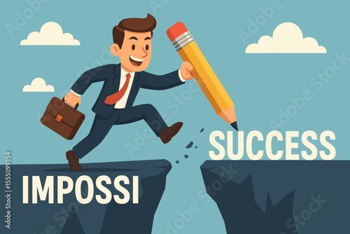 Businessman transforming the word impossible into possible. Man with a pencil jumps over a cliff gap, overcoming challenges. Metaphor for creating a path to success and achievement.