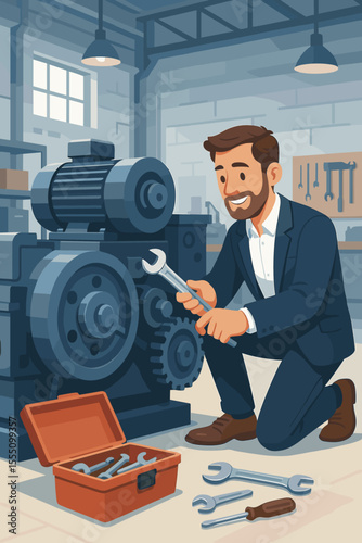 Businessman in a suit repairing large machinery with a wrench in a factory. Concept of hands-on leadership, business maintenance, problem-solving, and building a company. Vector.