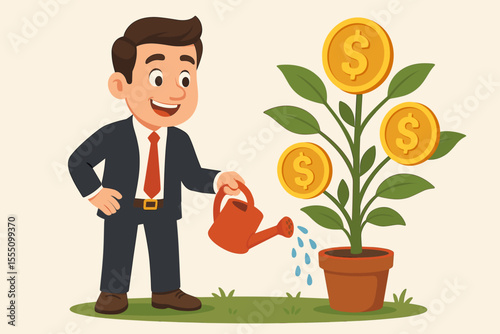 Businessman watering money plant for financial growth. Investment success metaphor. Cartoon vector illustration of a man nurturing a money tree with coins. Finance, profit, ROI concept.