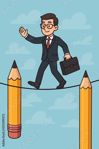 Cartoon businessman walking a tightrope between pencils. Concept of balancing creativity, innovation, and business. Metaphor for risk, challenge, ideas, and strategy. Vector illustration.