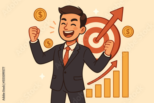 Business success concept. Businessman celebrating victory. Achieving goals. Hitting target. Financial growth chart. Profit and investment. Entrepreneur accomplishment vector.