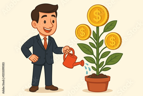 Businessman watering a money plant for financial growth. Investment success metaphor. Man nurturing a tree with dollar coins for profit, savings, and wealth. Cartoon vector concept.