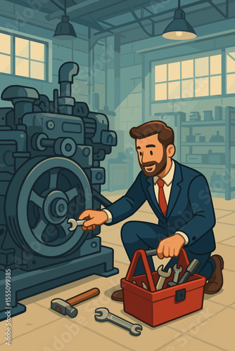 Hands-on businessman repairing a complex business machine. Metaphor for problem-solving, system maintenance, and finding strategic solutions. Leader with a toolbox fixing a company.
