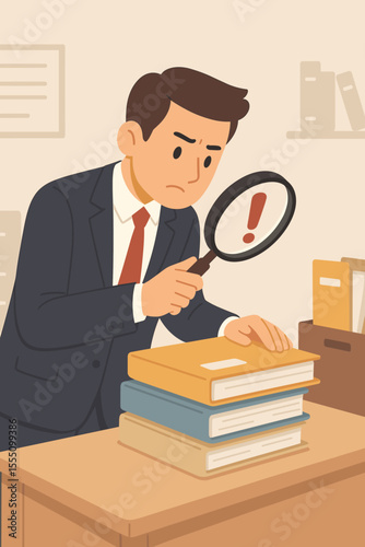 Businessman finding an error with magnifying glass. Auditor or inspector checking documents for mistakes. Concept of investigation, fact-checking, compliance, and data verification.