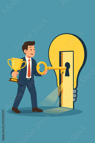 Businessman holding trophy and golden key unlocking lightbulb door. Success concept. Innovation, achievement, leadership, creative ideas, opportunity, business solution, motivation vector illustration