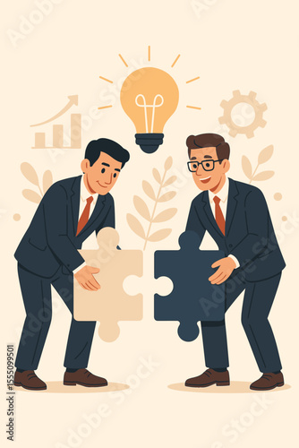 Business teamwork collaboration concept. Two businessmen connecting puzzle pieces, partnership strategy, creative idea, cooperation, business solution, success, innovation, vector illustration