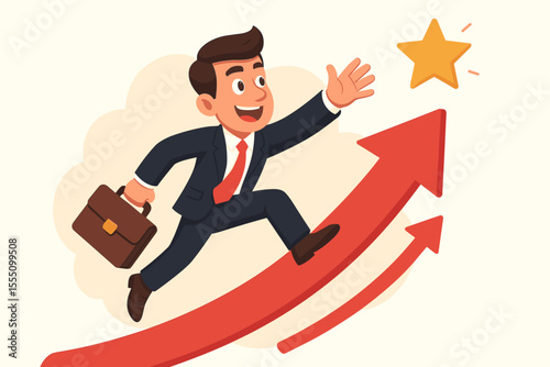 Ambitious businessman running on a growing arrow chart aiming for a star. Metaphor for success, leadership, career goals, and opportunity. Aspiration and achievement concept.