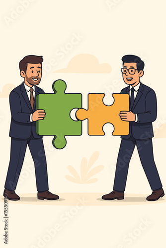 Businessmen teamwork collaboration concept. Two business men in suits connecting green and orange puzzle pieces. Partnership, cooperation, problem solving, strategy, business deal vector illustration