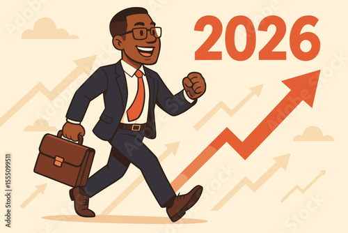 Ambitious African American businessman walking toward 2026. Confident entrepreneur with briefcase. Concept of new year business goals, career growth, success, future opportunity. Vector