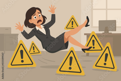 Businesswoman slipping and falling among caution warning signs in office. Workplace accident, hazard, risk management, safety failure, career crisis, danger, stress, business concept illustration