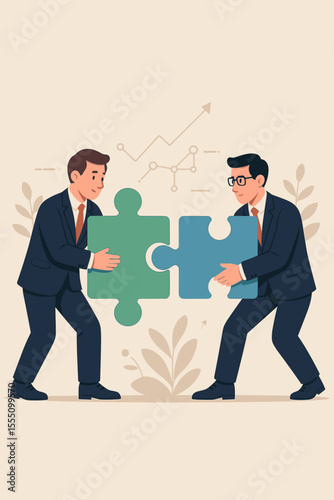 Businessmen teamwork connecting puzzle pieces, partnership collaboration, business strategy solution, corporate cooperation, joint venture, problem solving, vector illustration, cartoon concept