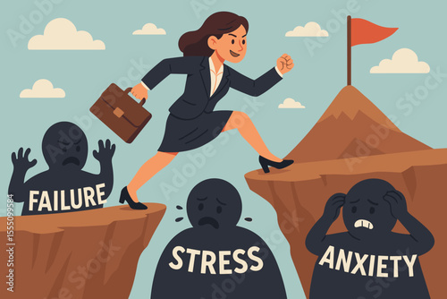 Determined businesswoman overcoming obstacles, jumping over stress, anxiety, and failure to reach success, career achievement, leadership, ambition, motivation concept, vector illustration