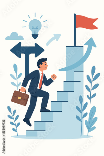 Businessman climbing stairs to success, career growth and decision-making concept, professional development, achieving goals, leadership, opportunity, direction, ambition, vector illustration