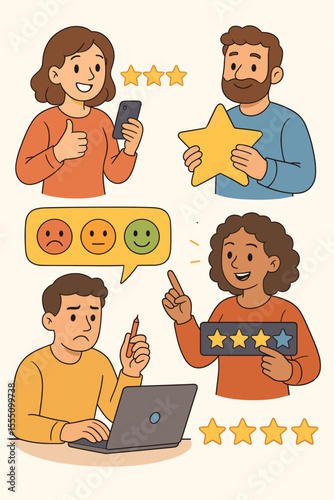 Customer Feedback and Satisfaction Rating Concept. Cartoon Characters Giving Reviews, Evaluating Service, Leaving Star Ratings, Expressing Opinions, Online Survey, User Experience Vector Illustration