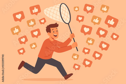 Social Media Popularity Addiction Concept. Man Chasing Likes and Hearts with Net. Collecting Online Validation, Attention, Approval. Vector Cartoon Illustration of Digital Approval Obsession