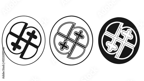 Three stylized circular emblems featuring a cross symbol with curved ends and segmented sections isolated on transparent background
