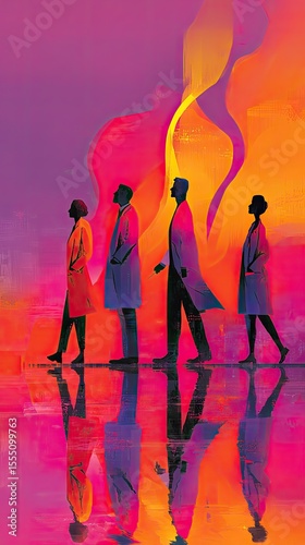 Silhouette of Doctors Walking at Sunset City Reflection