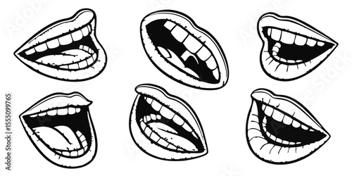 Collection of six stylized black and white hand drawn mouths with visible teeth and tongues in various open and slightly open positions isolated on transparent background